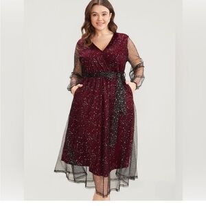 New BloomChic Polka Dot Lantern Sleeve Surplice Neck Mesh Belted Dress 1X, 14/16